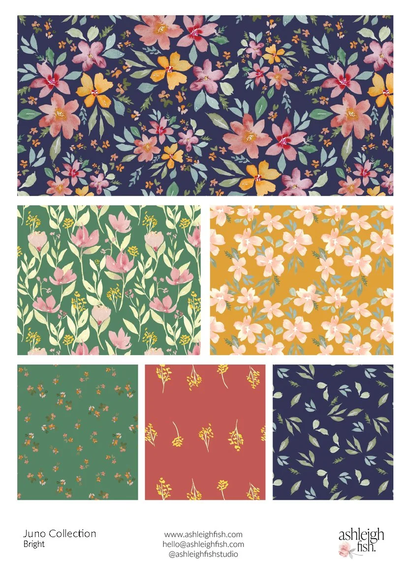 Collection of colorful floral patterns in various designs and backgrounds, featuring flowers and leaves in a range of colors, part of the Juno collection by Ashleigh Hsh.