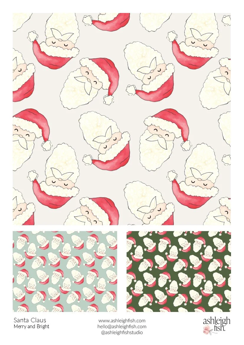 Pattern with repeating Santa Claus faces wearing red hats and white beards.