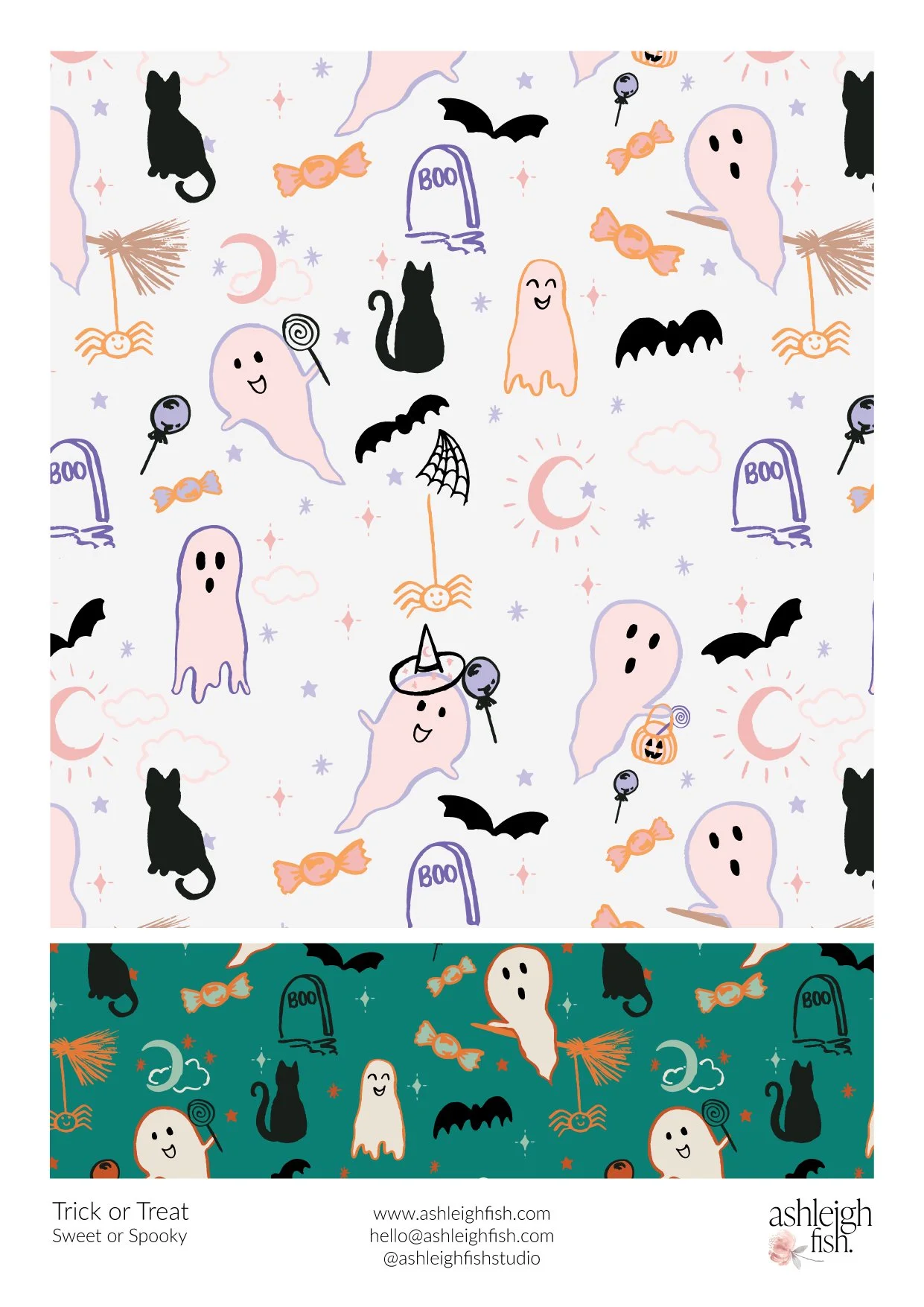 Halloween-themed pattern with ghosts, black cats, candy, bats, tombstones, and spider webs on a light and dark background.
