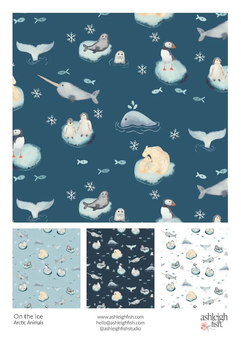 Pattern featuring arctic animals like seals, penguins, narwhals, polar bears, and puffins on icebergs, with fish and snowflakes, designed by Ashleigh Fish.