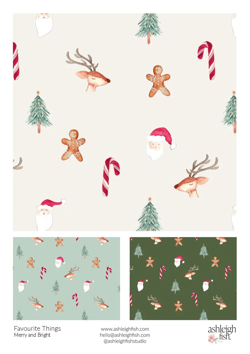 Illustrations featuring Christmas elements like Santa, reindeer, gingerbread men, candy canes, and Christmas trees on a patterned background.
