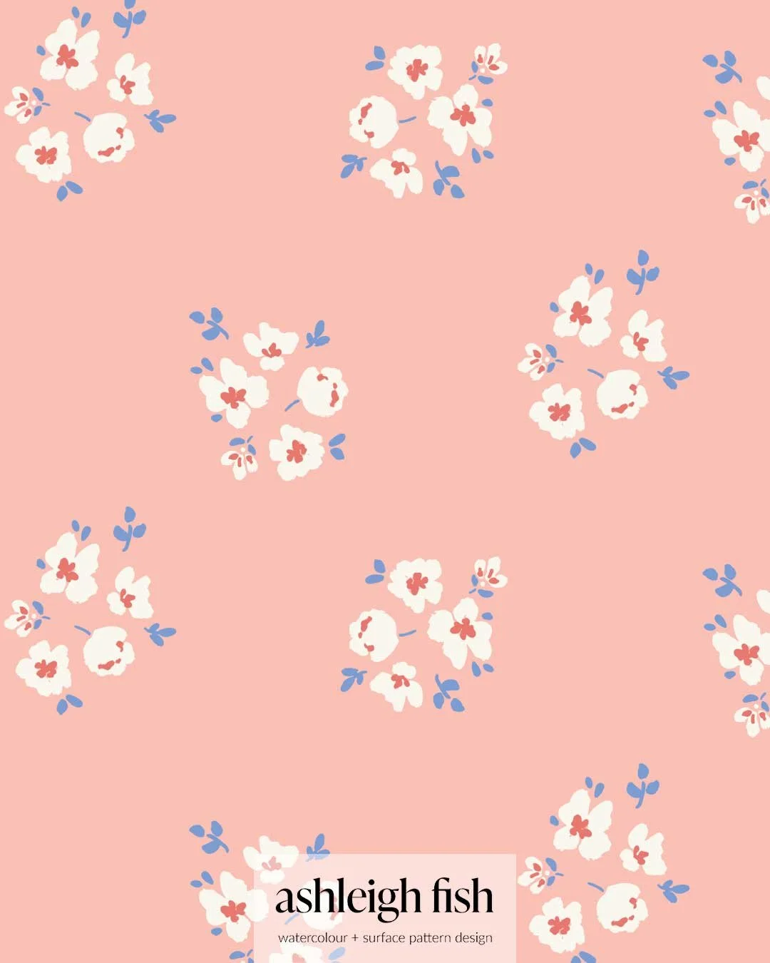 Seamless pattern with white flowers and blue leaves on pink background.