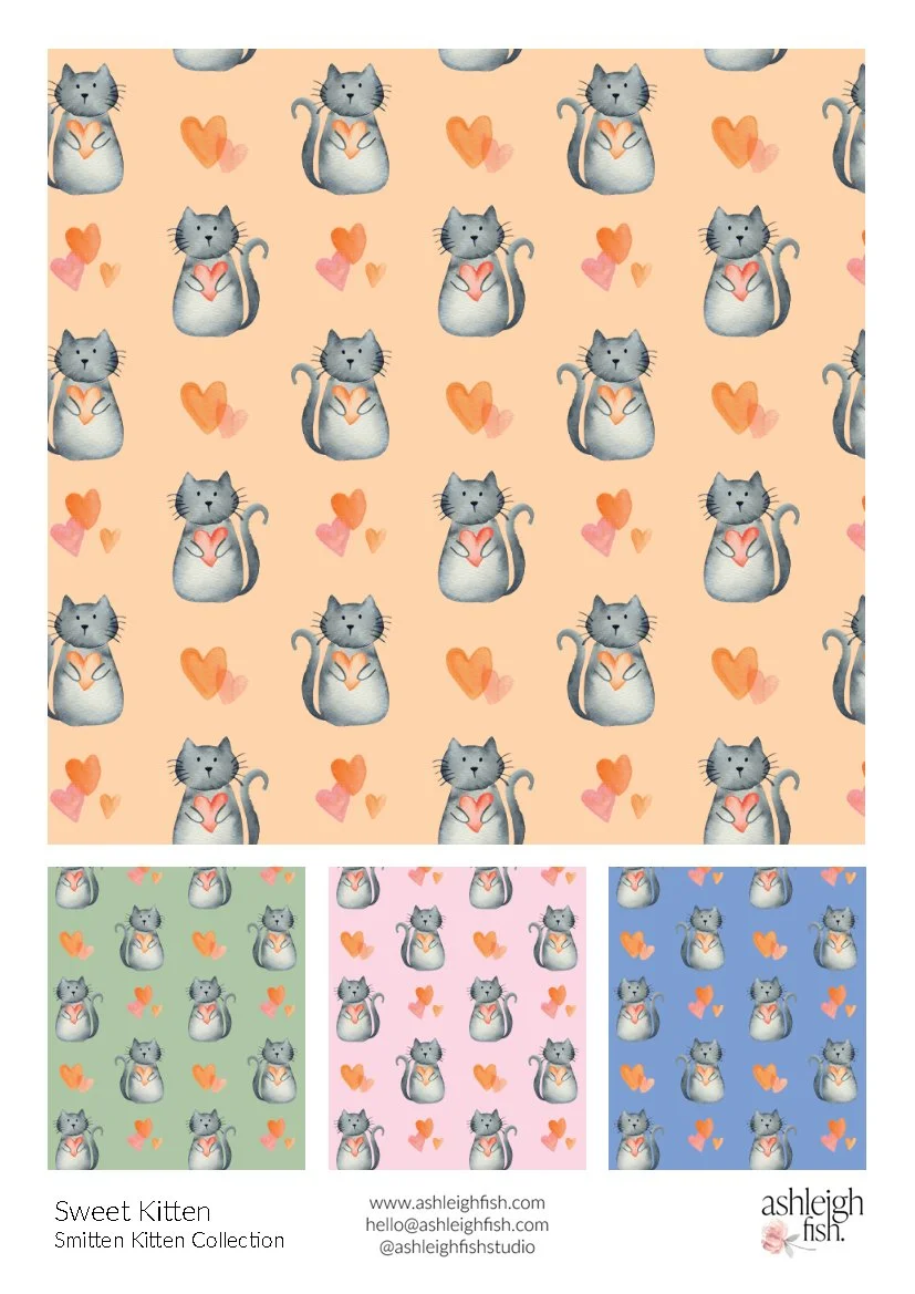 Pattern with gray kittens holding orange hearts, accompanied by abstract heart shapes on pastel backgrounds, part of the Smitten Kitten Collection by Ashleigh Fish.