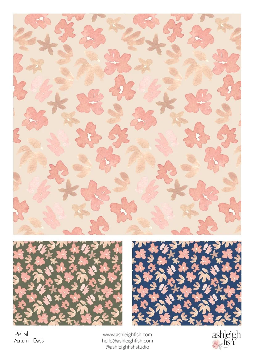 A floral pattern design titled "Autumn Days" featuring abstract pink and beige flowers and leaves on different colored backgrounds: cream, olive green, and navy blue. Created by Ashleigh Fish, with contact information and logo included.