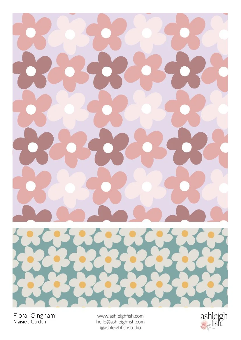 Floral patterns featuring stylized flowers in pastel colors, designed by Ashleigh Fish, with contact information at the bottom.