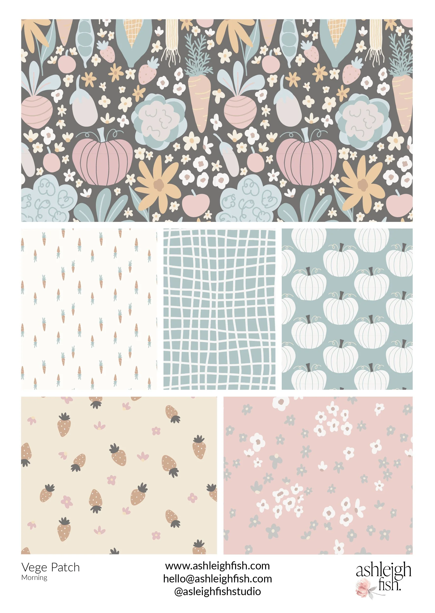 Collage of vegetable and floral patterns with illustrations of carrots, pumpkins, strawberries, and flowers in pastel colors. Includes geometric and checkered designs.