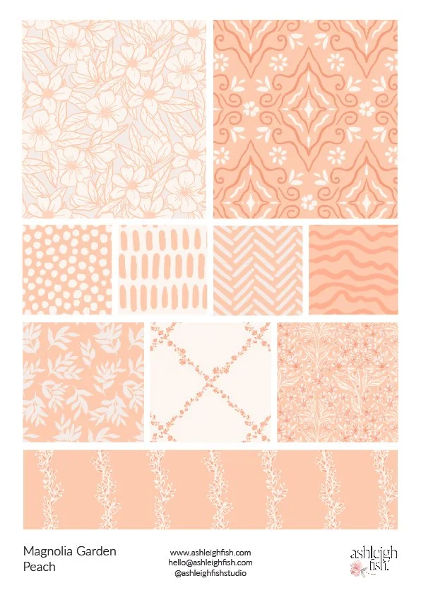 Peach-themed fabric patterns with floral and geometric designs.