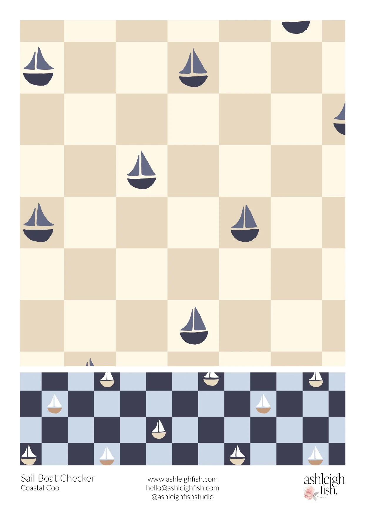 Geometric pattern with sailboats on a checkered background, featuring beige and blue color scheme.