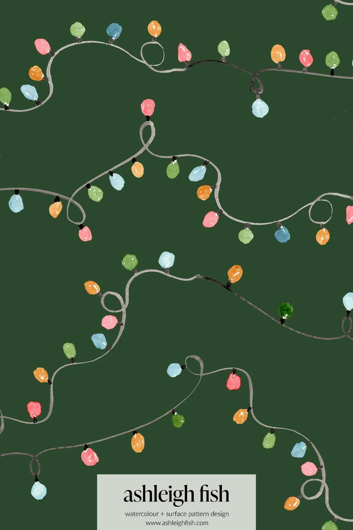 Watercolor illustration of colored string lights on a dark green background.