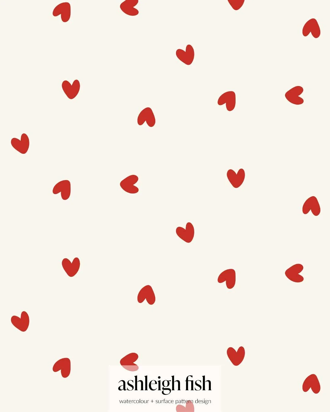 Pattern of small red heart shapes on a light background with "ashleigh fish, watercolor + surface pattern design" text overlay.