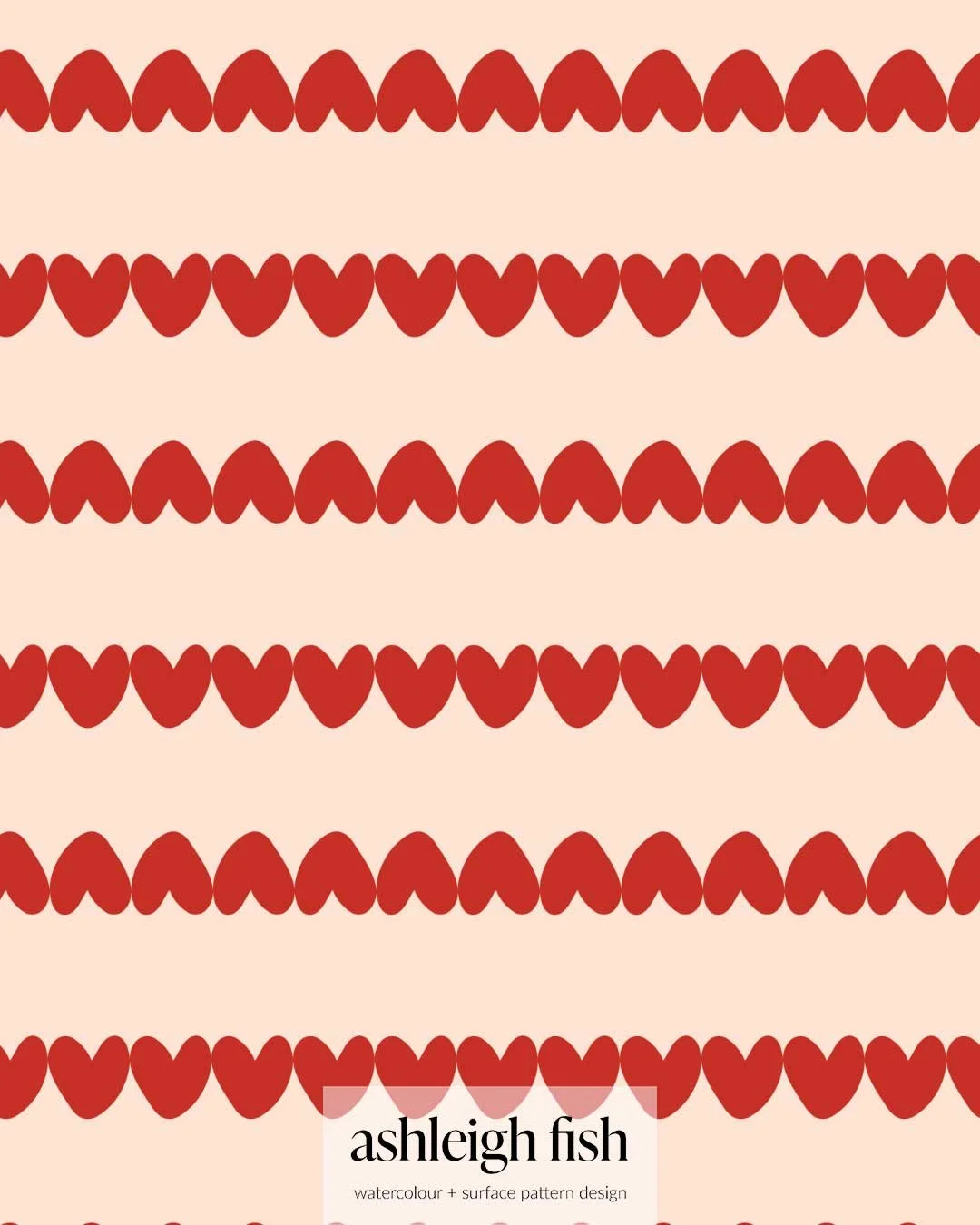 Pattern of red heart shapes on beige background with text "ashleigh fish watercolour + surface pattern design."