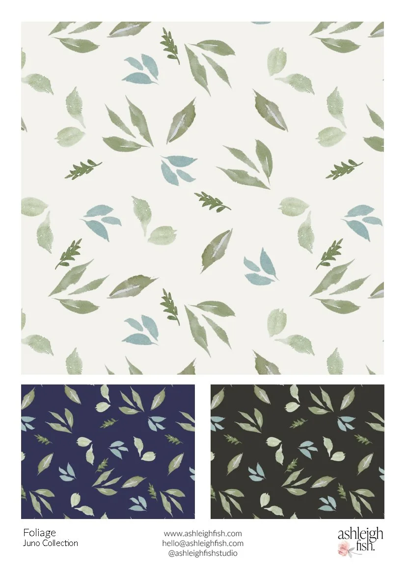 Pattern design with green and blue leaves on white, navy, and dark backgrounds, part of Juno Collection by Ashleigh Fish.