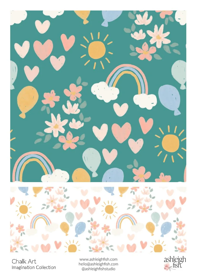 Chalk art with hearts, balloons, flowers, rainbows, suns on teal and white backgrounds.