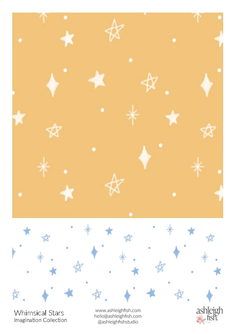 Pattern featuring whimsical stars in various shapes against a mustard yellow background with additional information text below from Ashleigh Fish Imagination Collection.