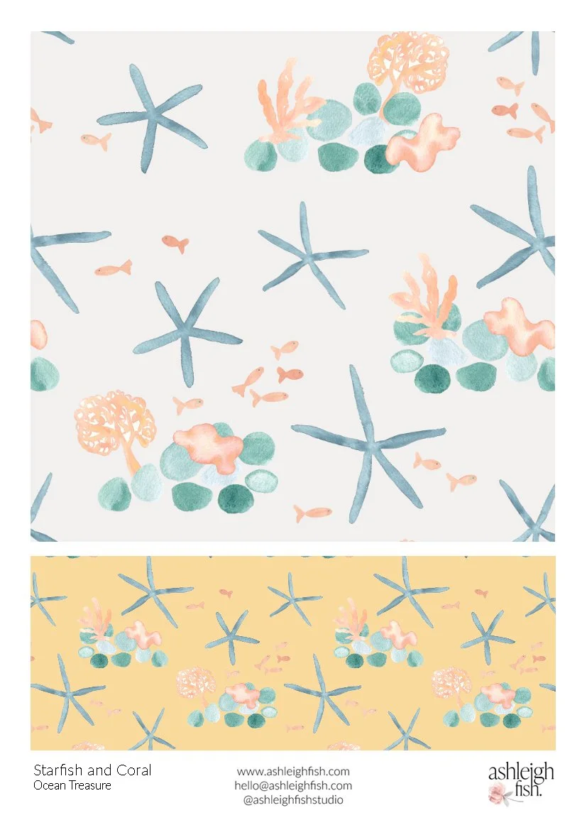 Pattern design featuring starfish, coral, and fish in a watercolor style.
