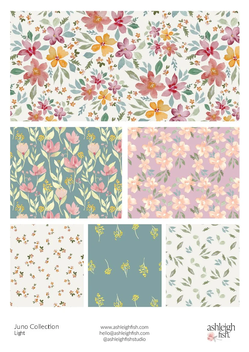 Collage of floral pattern designs from the Juno Collection by Ashleigh Fish, featuring colorful flowers and leaves on varied backgrounds.