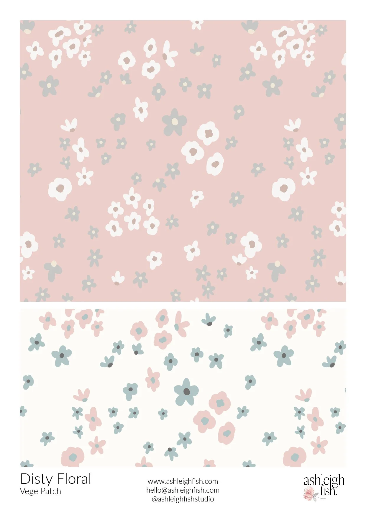 Two floral pattern designs, one with a pink background and white flowers, and the other with a white background and pink flowers.