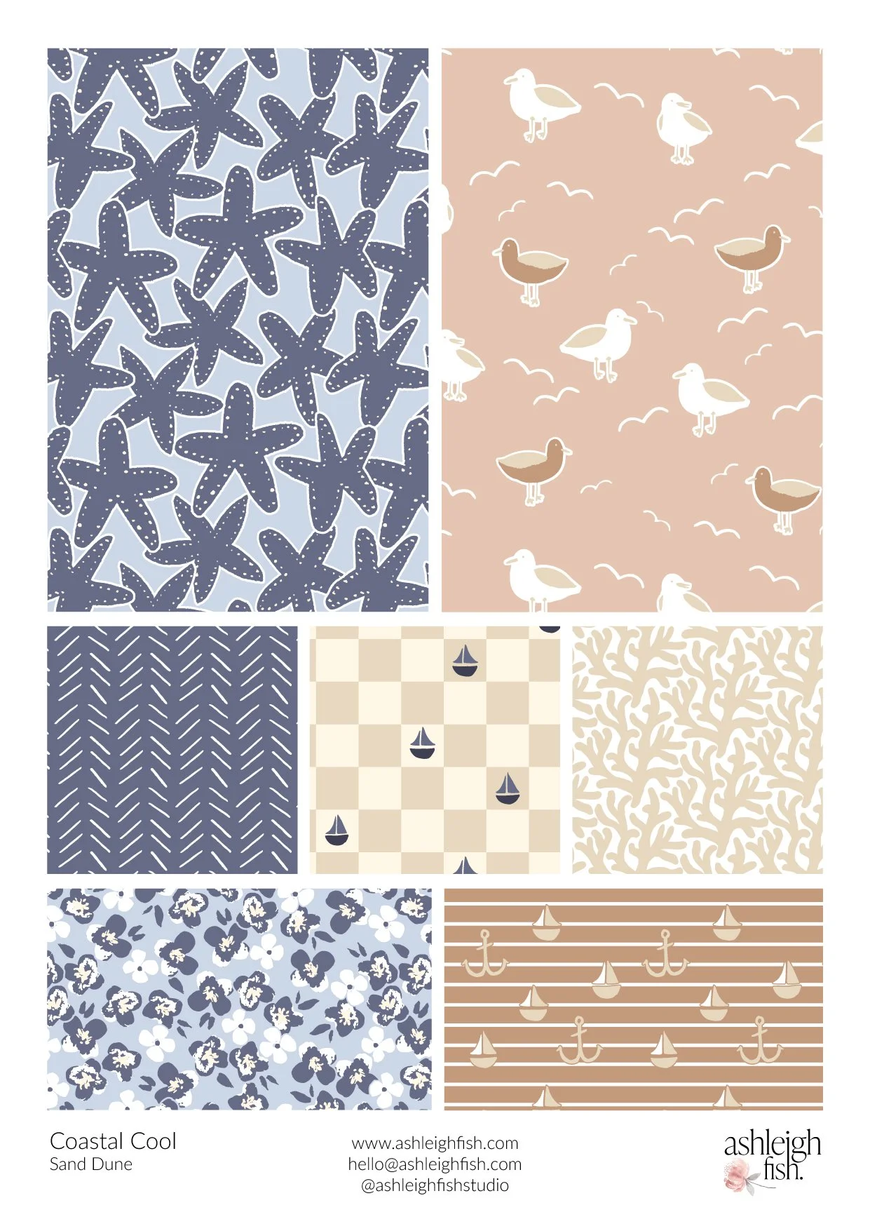 Collection of coastal-themed patterns with starfish, seagulls, nautical motifs, floral designs, and anchors in blue and beige tones, labeled "Coastal Cool Sand Dune" by Ashleigh Fish.