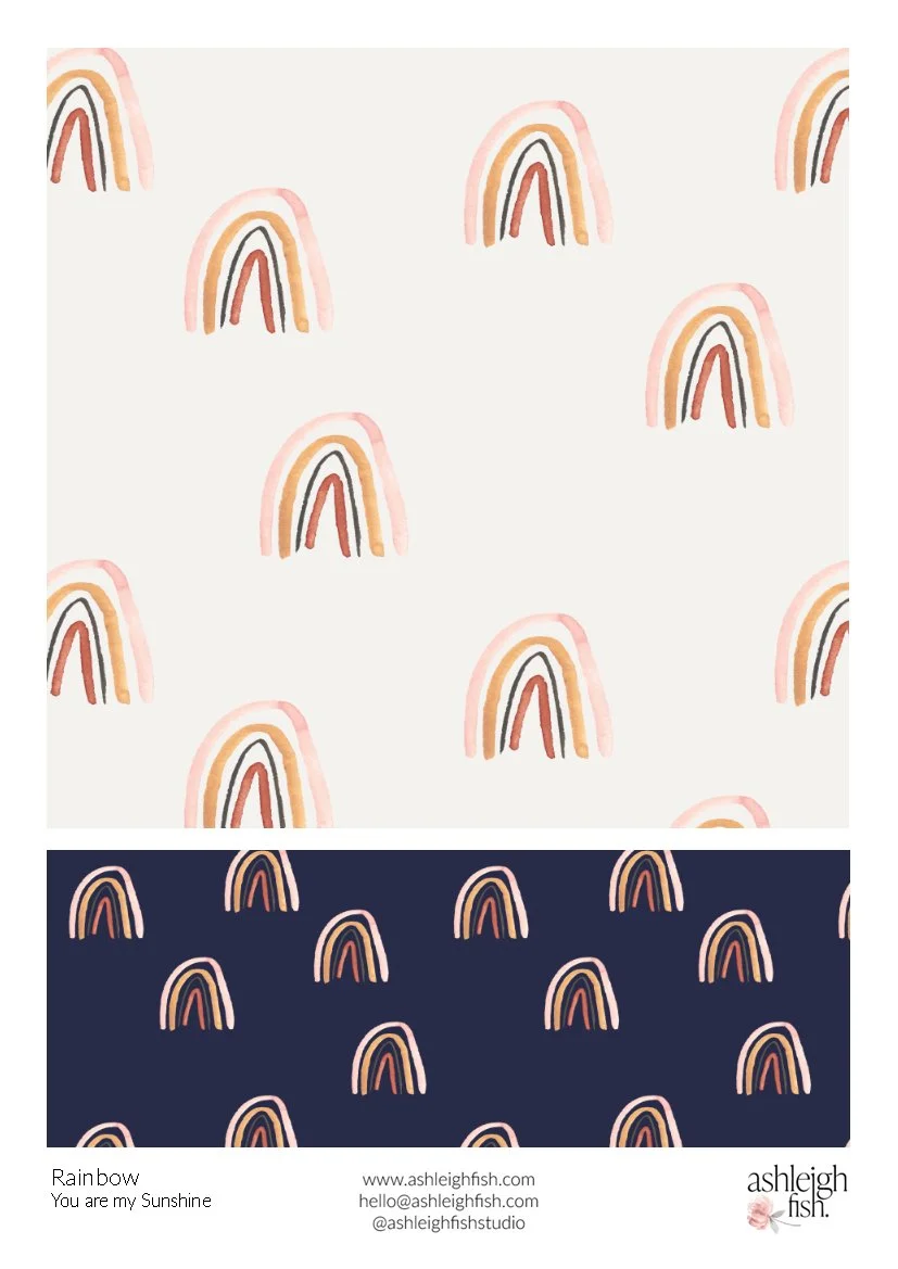 Patterned design featuring repeating rainbows in pastel colors on a light background and a dark background, created by Ashleigh Fish.