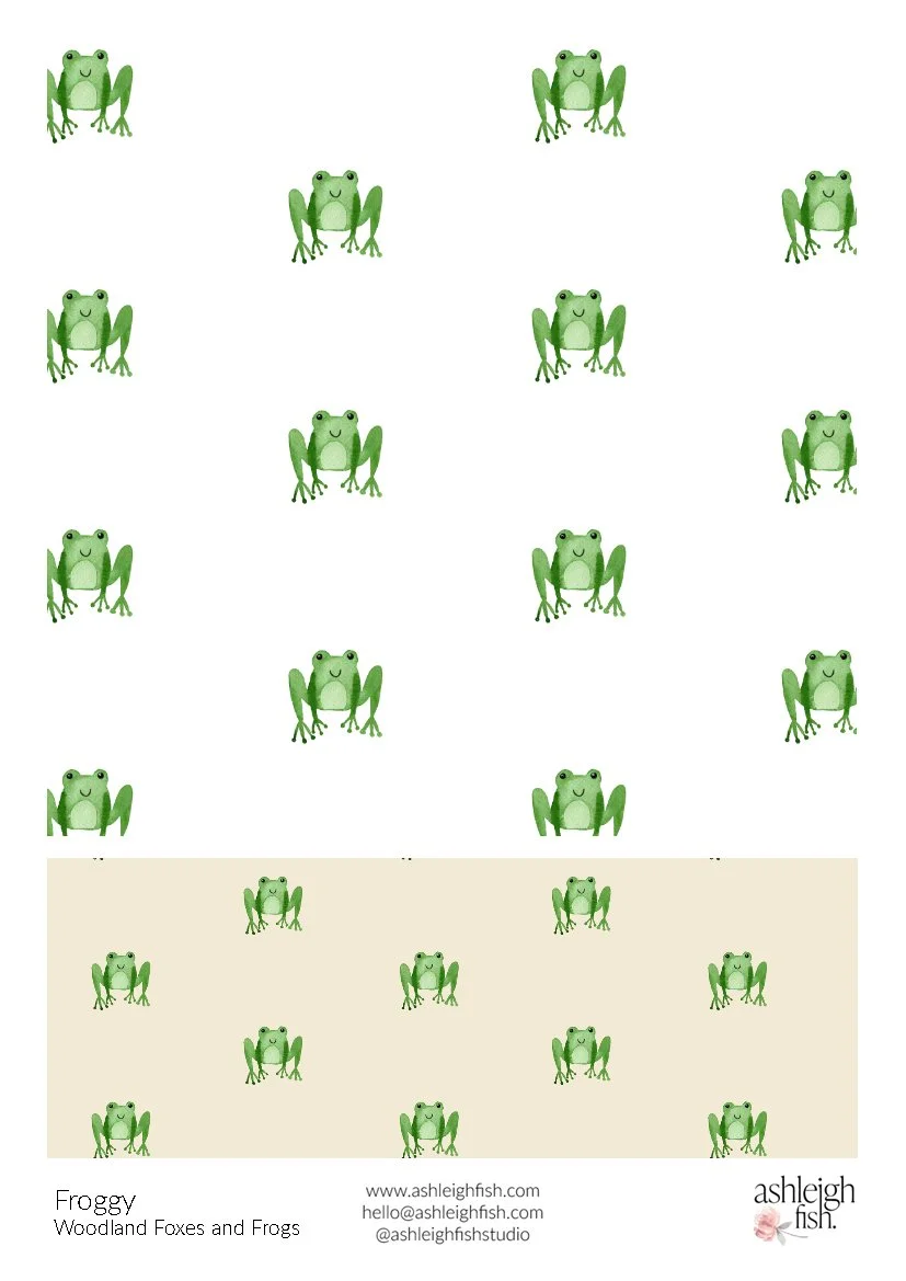 Pattern design featuring green frogs on a white and beige background; includes contact details for Ashleigh Fish.