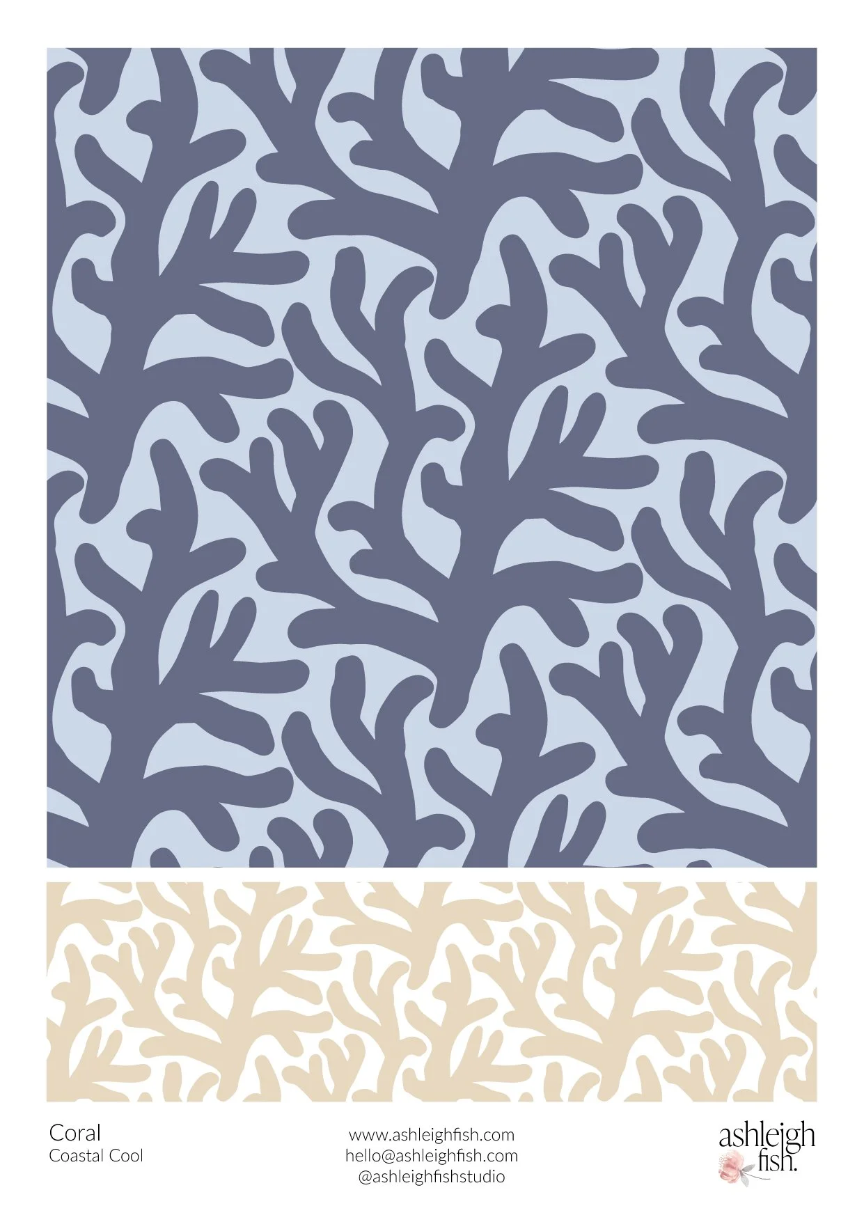 Coral pattern design in blue and beige on a promotional card by Ashleigh Fish.