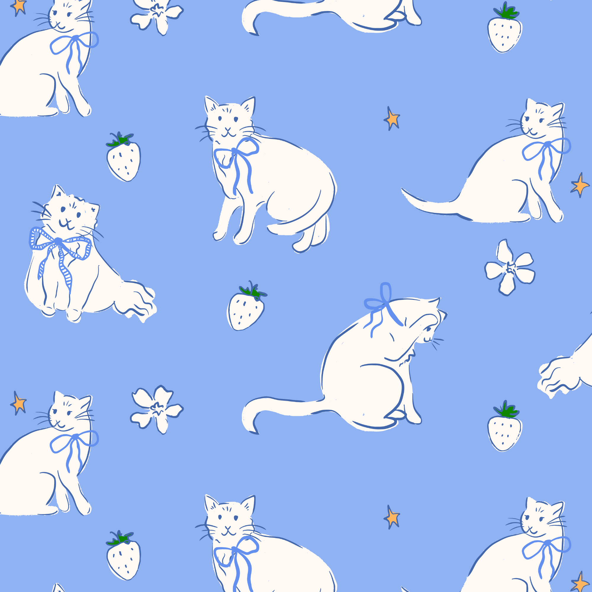 Pattern of white cats with bows, strawberries, flowers, and stars on a blue background.