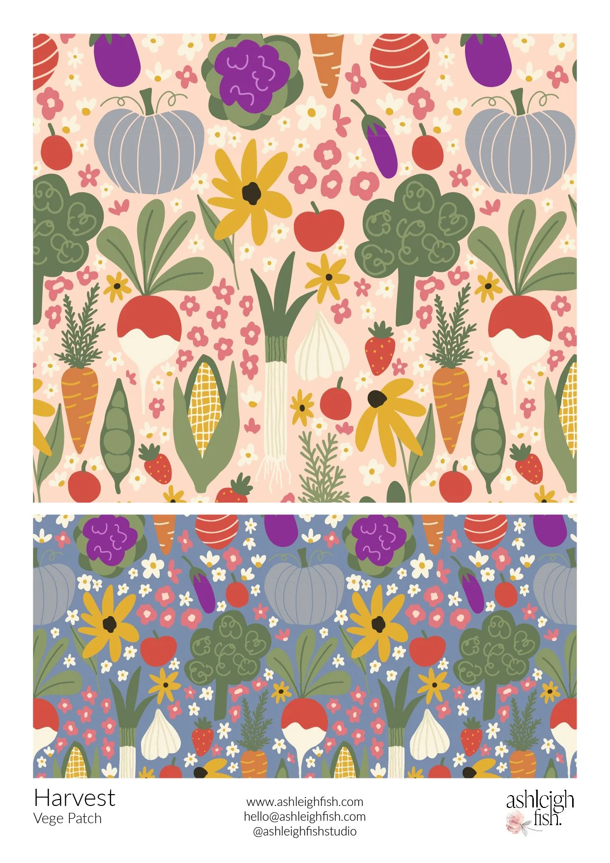 Colorful illustration of various vegetables and flowers, including pumpkins, carrots, radishes, corn, tomatoes, and sunflowers, arranged in a decorative pattern. Two versions are shown with different backgrounds - one pink and one blue.