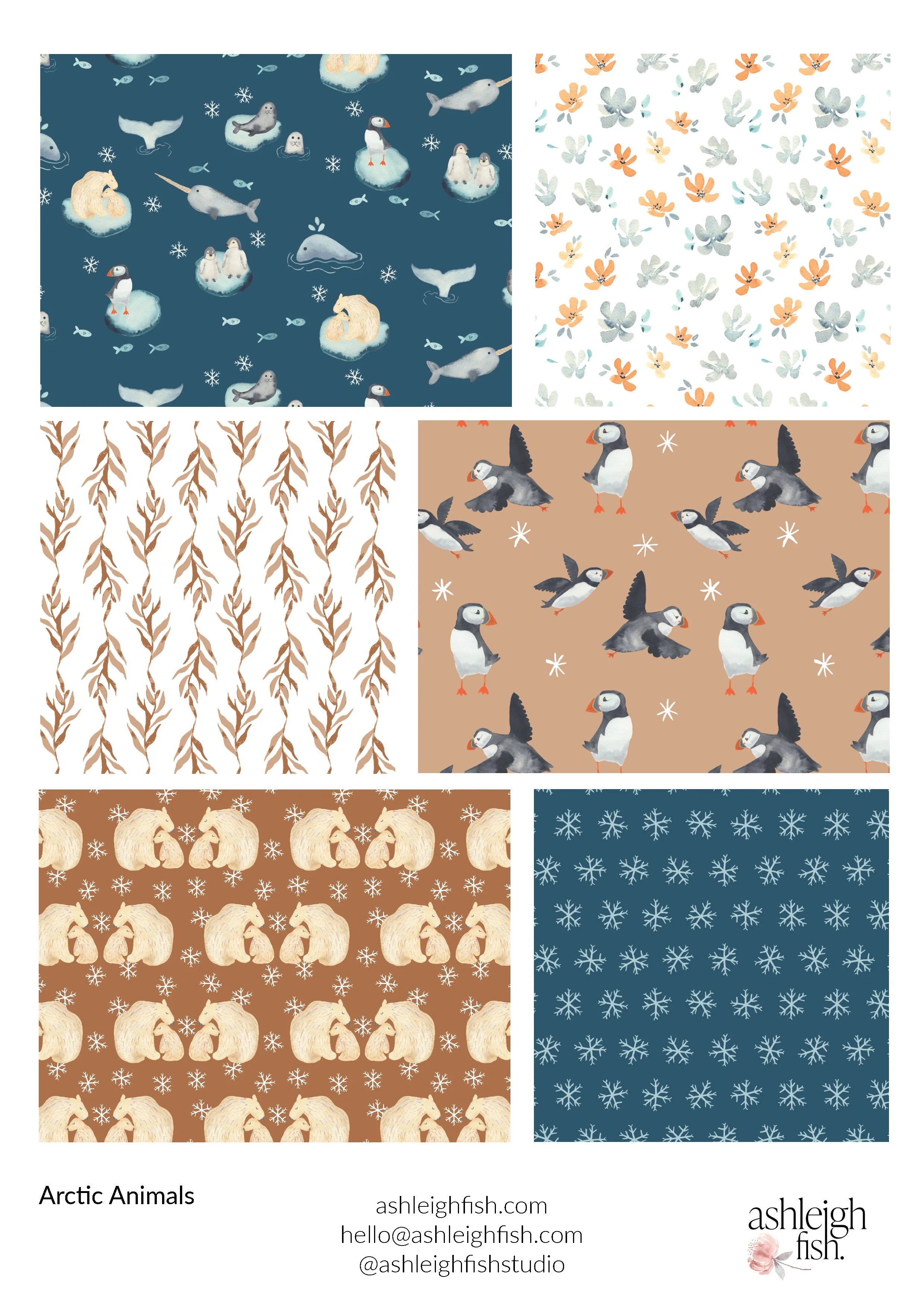 Collage of Arctic-themed patterns with animals and plants, including puffins, polar bears, seals, narwhals, whales, and snowflakes.