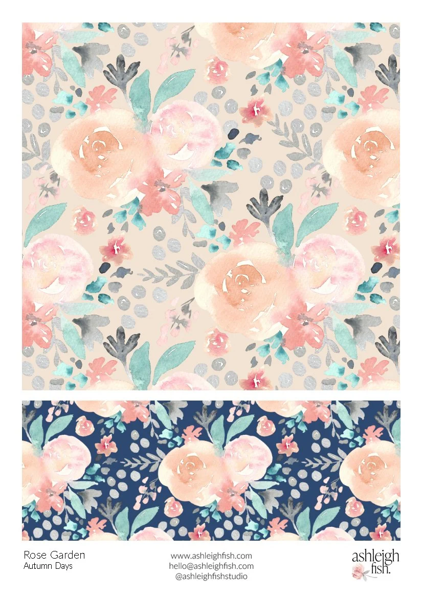 Floral watercolor pattern with roses, leaves, and abstract elements on beige and navy backgrounds.
