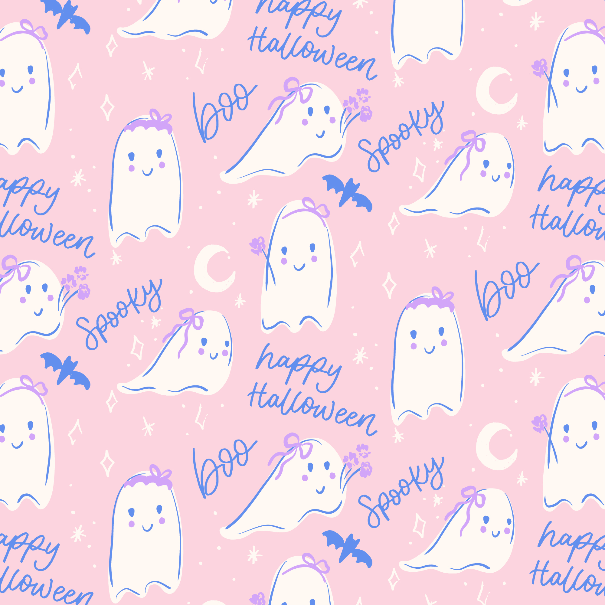 Pattern with cute white ghosts on a pink background, featuring "Happy Halloween," "Boo," "Spooky," bats, and crescent moons.