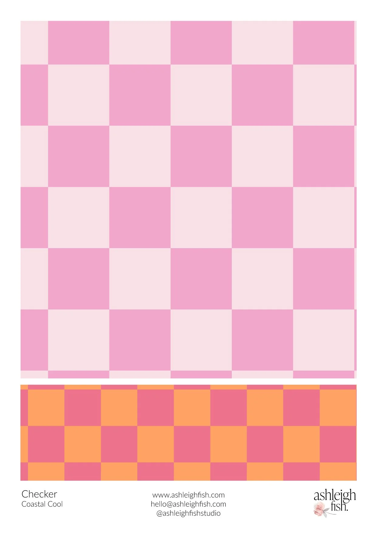 Pink and orange checkerboard pattern design labeled 'Checker - Coastal Cool' with contact information for Ashleigh Fish Studio.