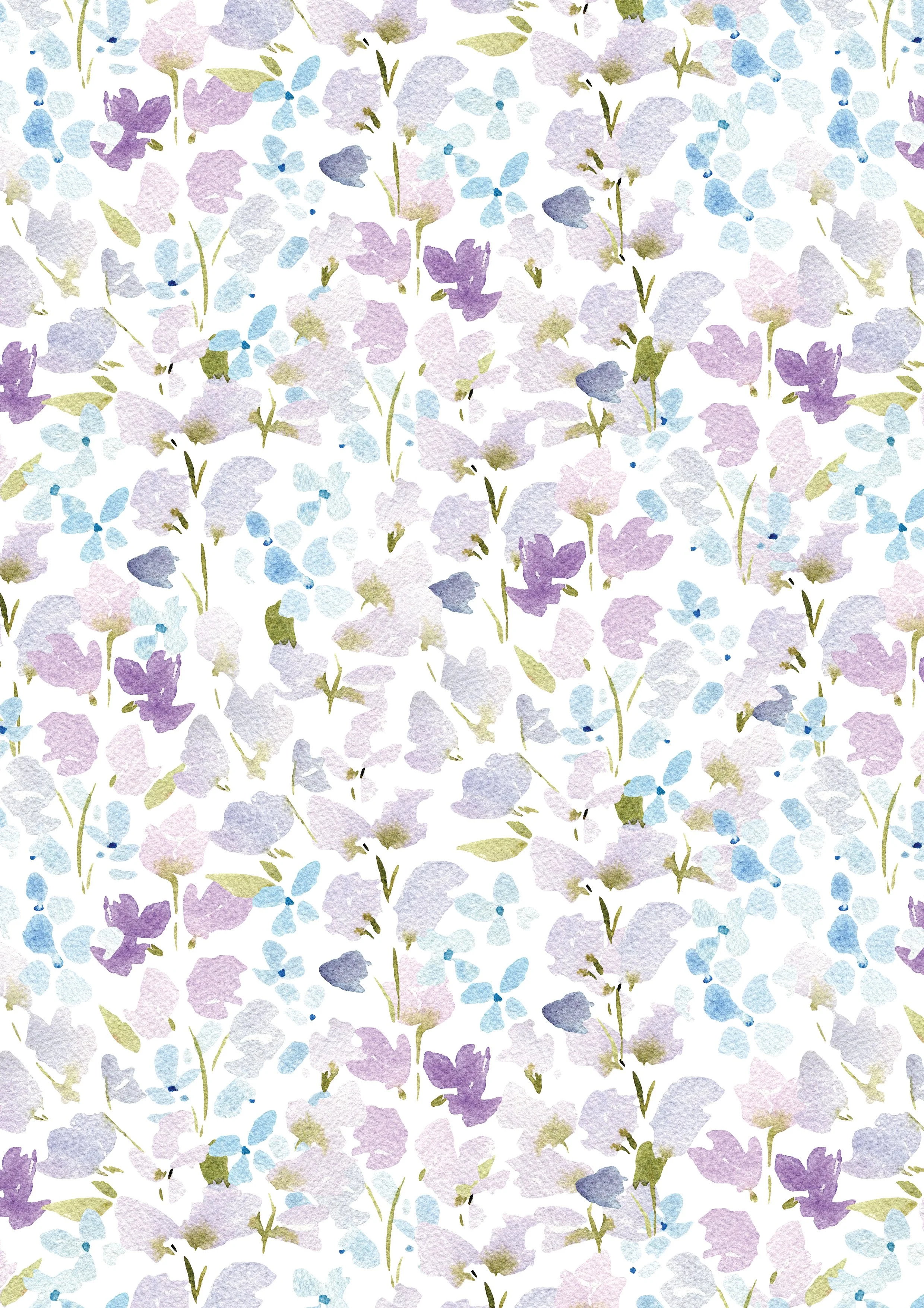 Watercolor floral pattern with purple, blue, and green hues on a white background.