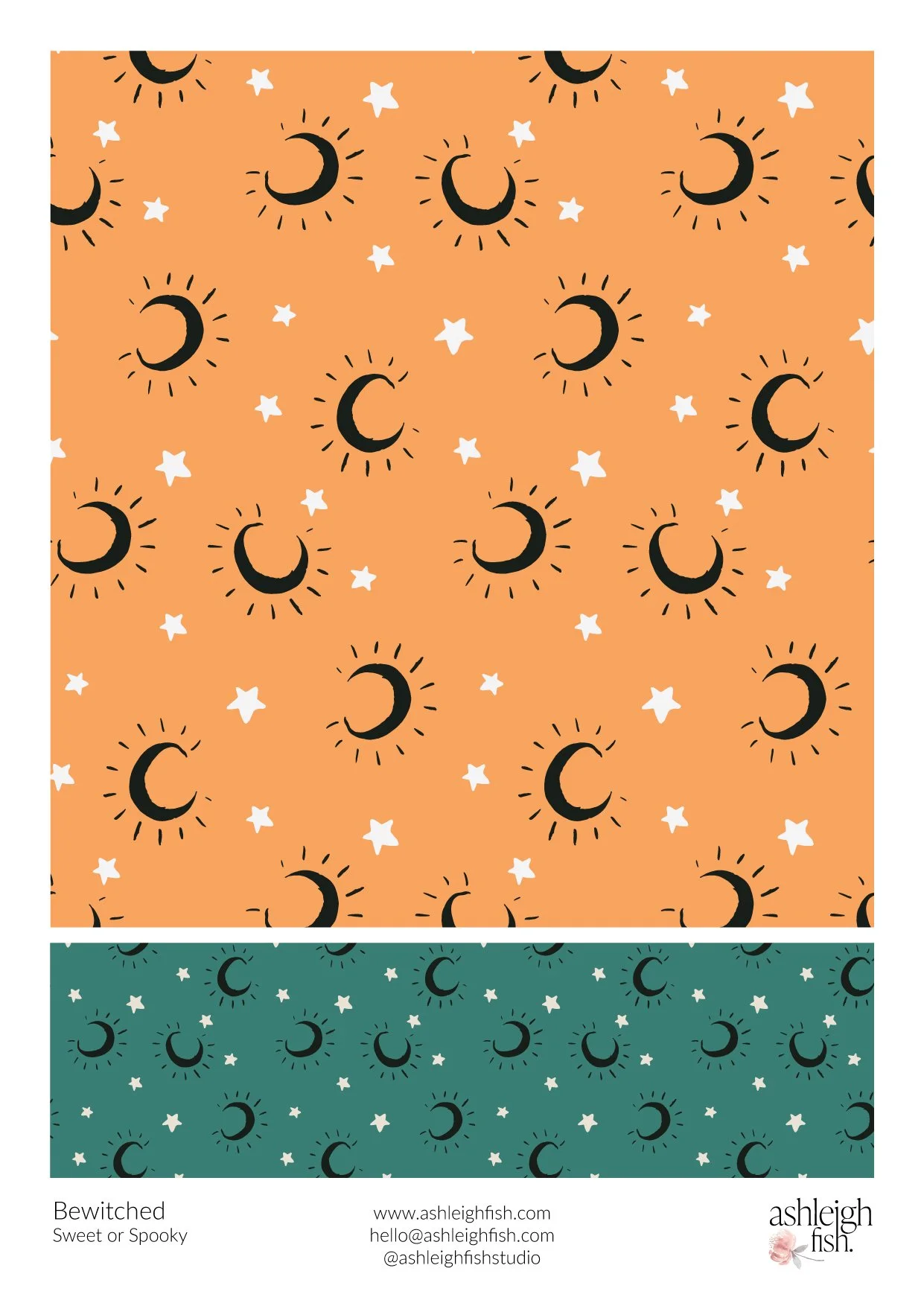 Pattern with crescent moons and stars on orange and green backgrounds.