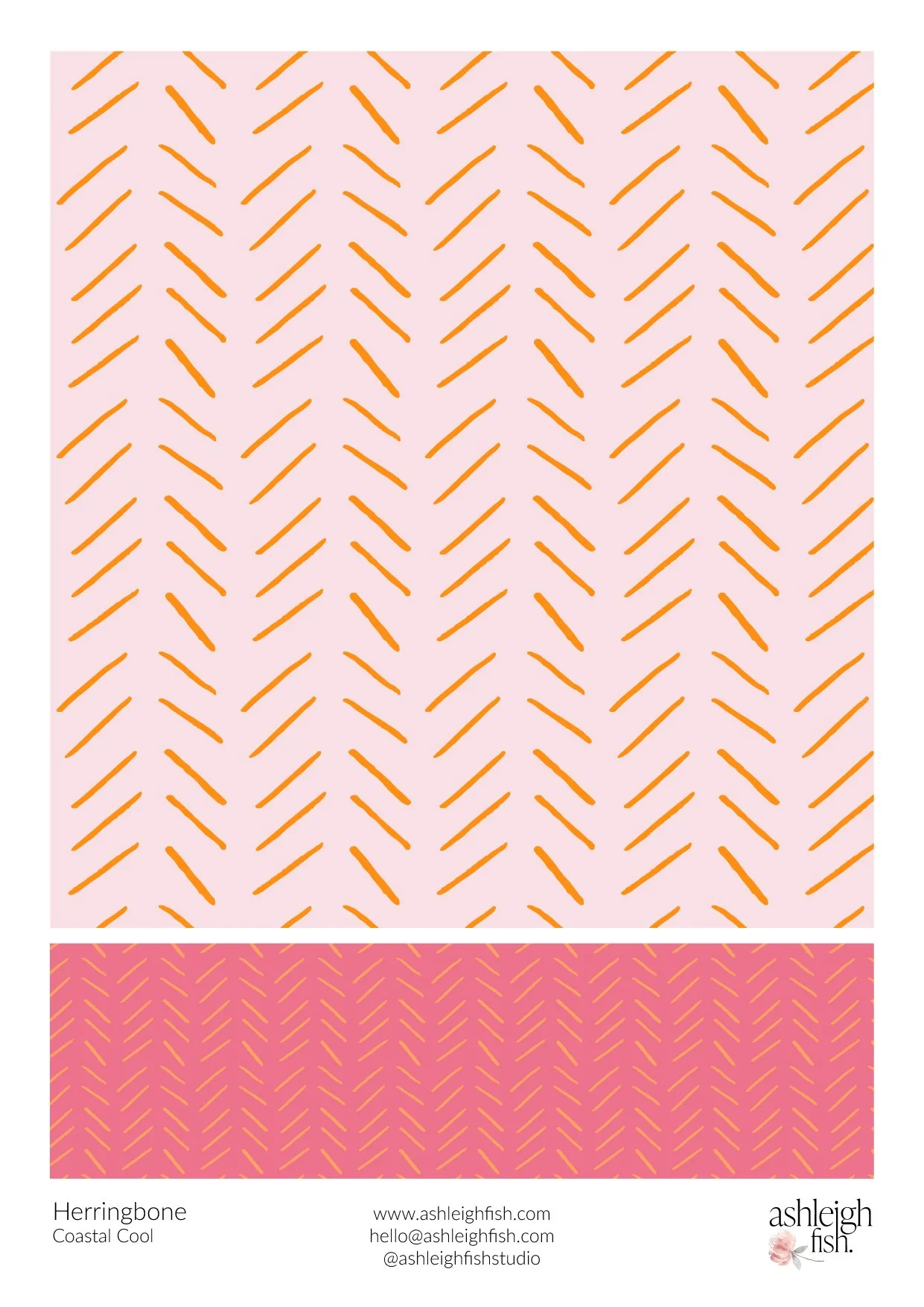 Herringbone pattern in orange on pink and coral backgrounds, featuring a design by Ashleigh Fish. Includes contact information for Ashleigh Fish Studio.