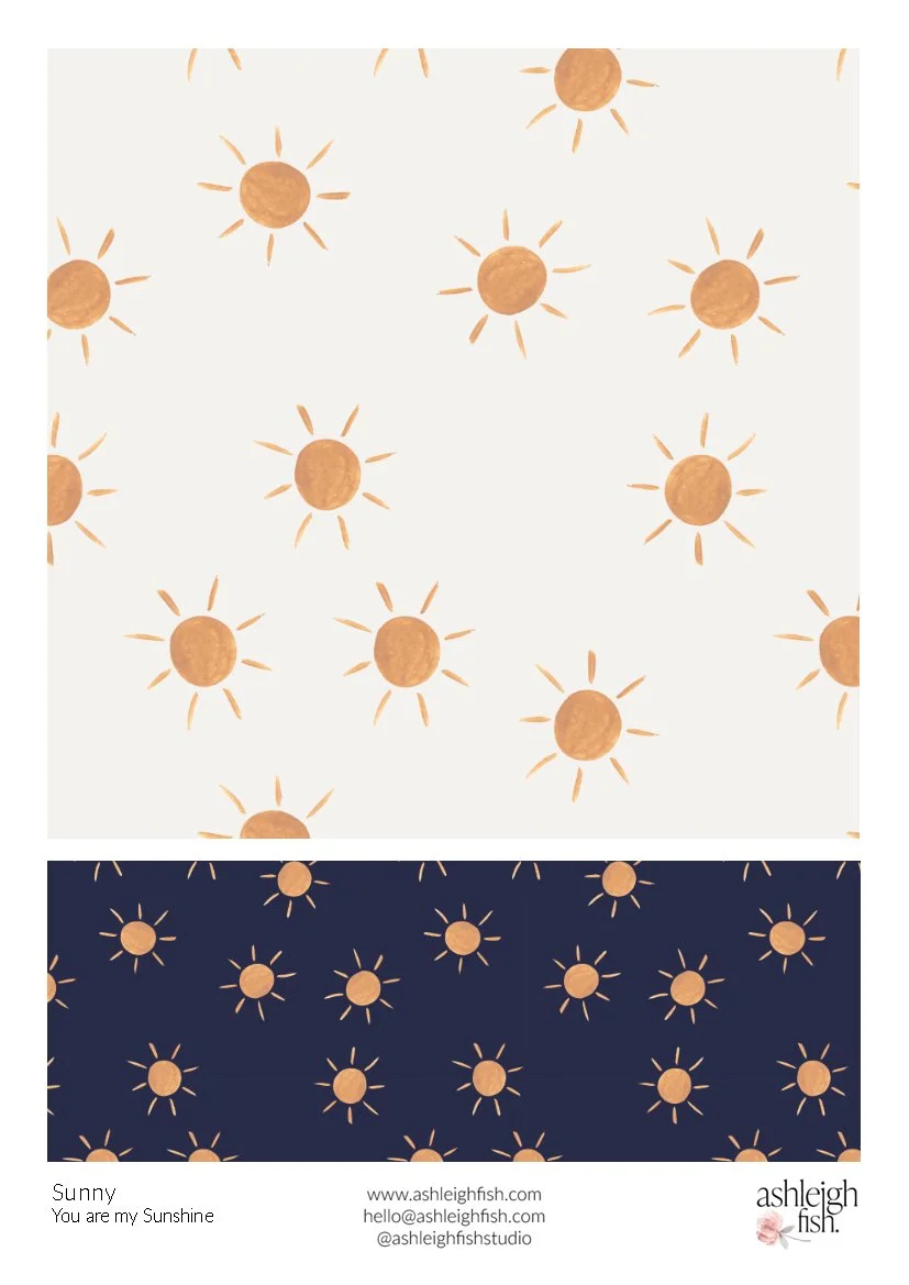 Pattern design featuring hand-drawn sun motifs on light and dark backgrounds, labeled "Sunny" by Ashleigh Fish.