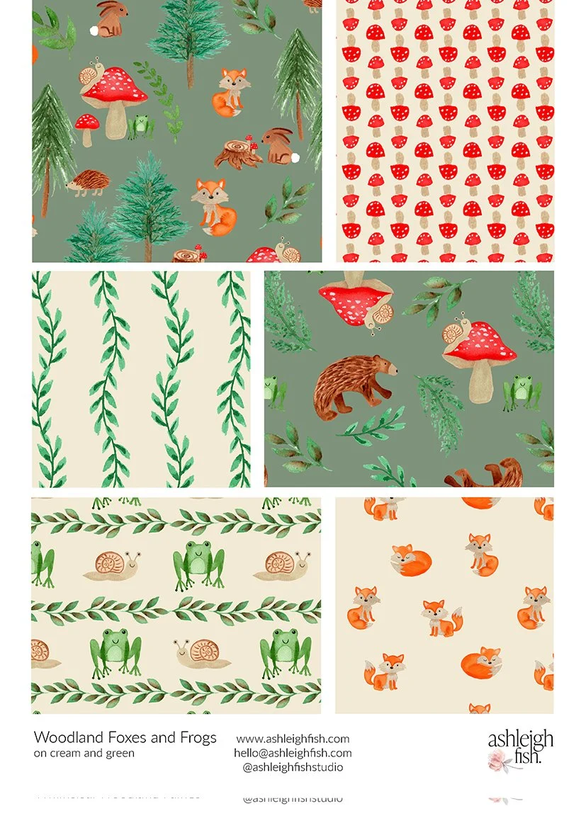 Collage of woodland-themed patterns featuring foxes, frogs, snails, mushrooms, trees, and leaves. Patterns include green and cream backgrounds with repeating designs of animals and plants.