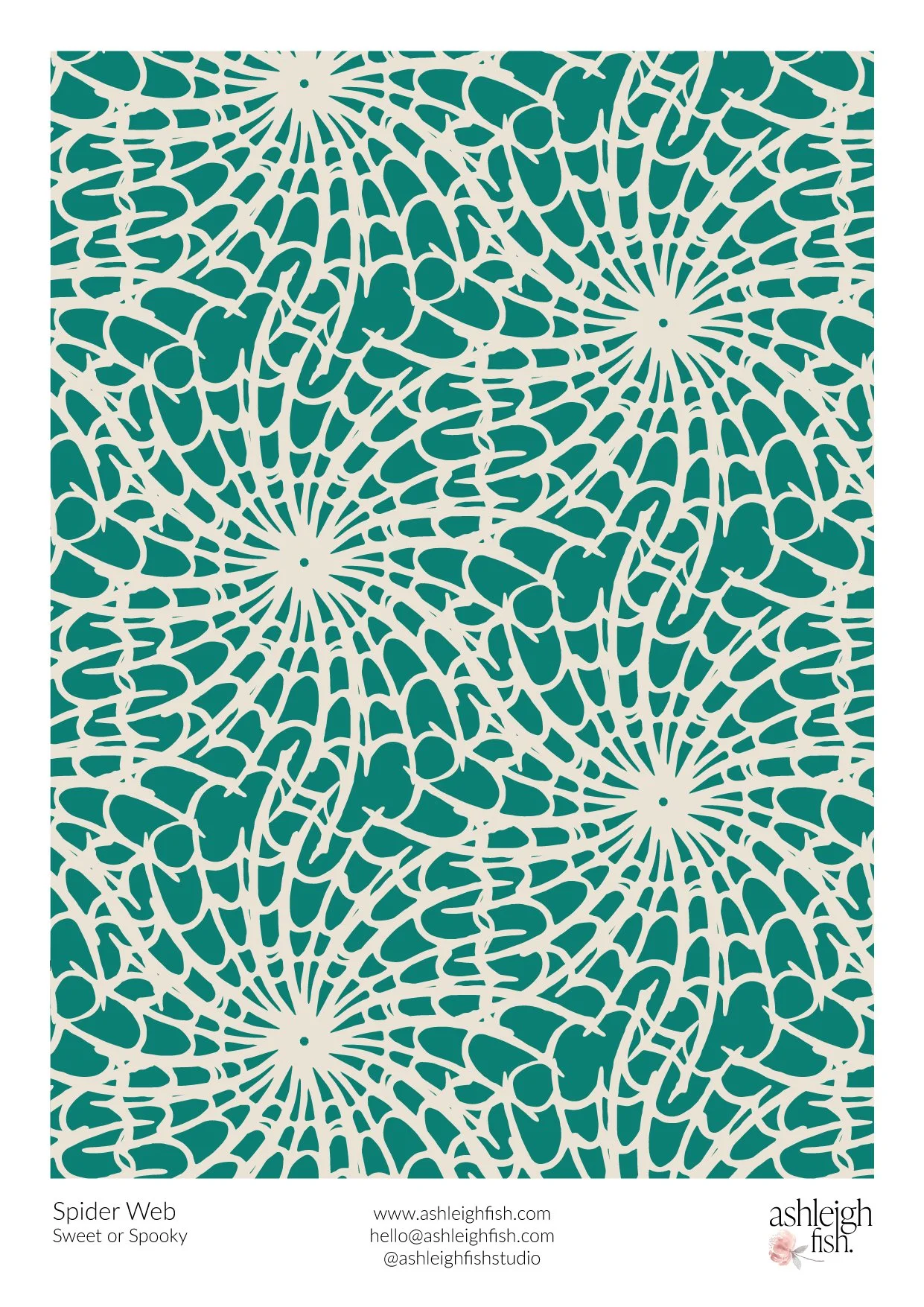 Intricate green and beige spider web pattern design.