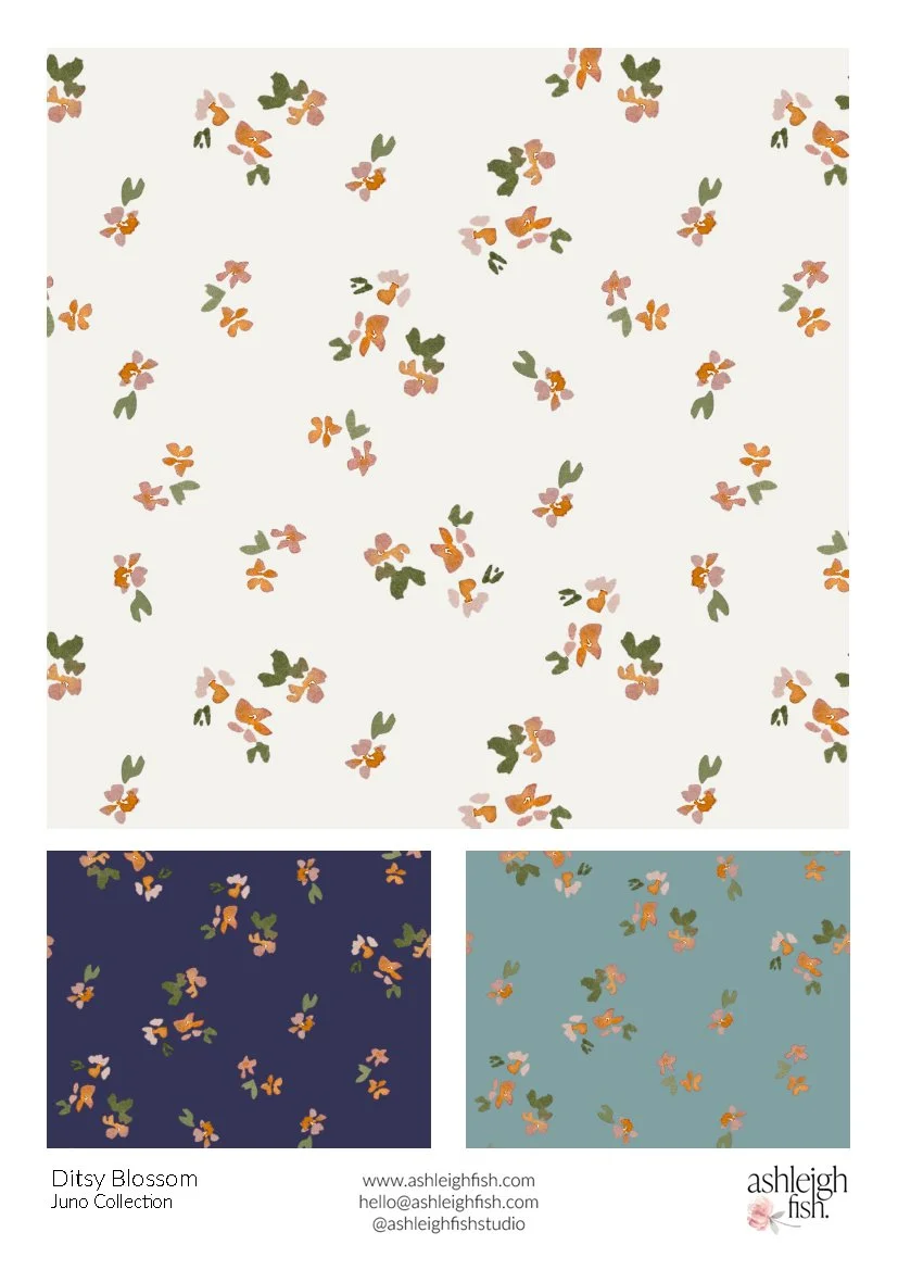 Ditsy floral pattern from Ashleigh Fish's Juno Collection in three color variations: light, dark blue, and teal backgrounds with small, scattered blossoms.