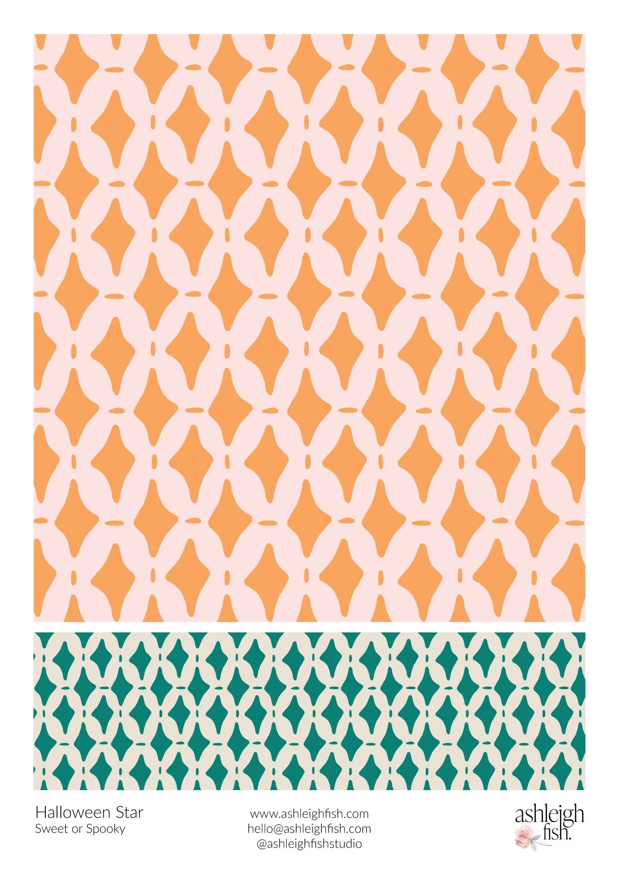 Abstract orange and pink geometric patterns over a smaller green and white geometric pattern.