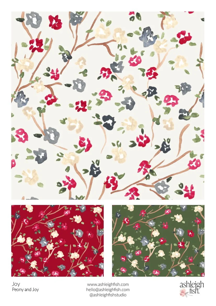 Floral pattern designs by Ashleigh Fish with branches and blossoms in red, black, and white on different colored backgrounds. Includes contact information and logo at the bottom.