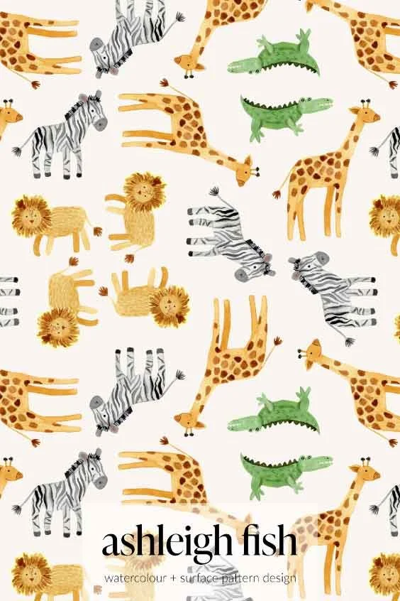 Pattern with giraffes, zebras, lions, and crocodiles on a light background.