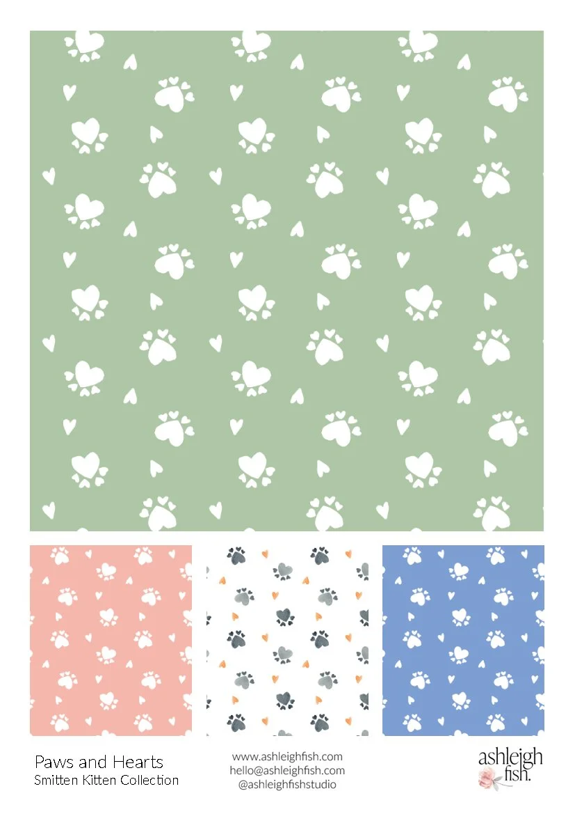 Pattern featuring white paw prints and hearts on green, pink, white, and blue backgrounds from Smitten Kitten Collection by Ashleigh Fish.