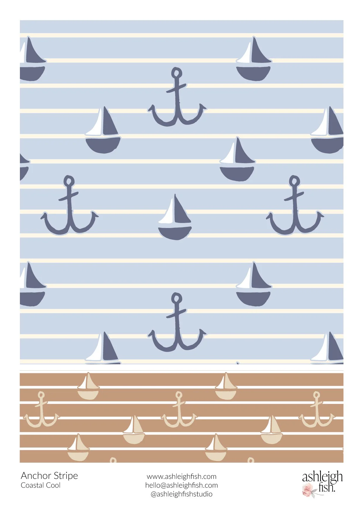 Pattern design featuring anchors and sailboats on stripes, with a blue and brown color scheme. Includes text with contact information for Ashleigh Fish studio.