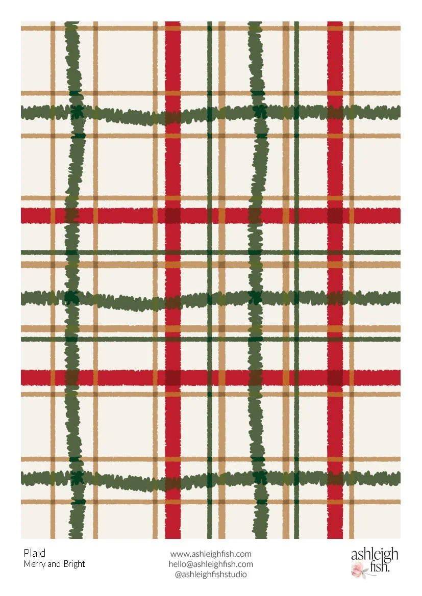 Plaid pattern with red, green, and beige lines on a light background.