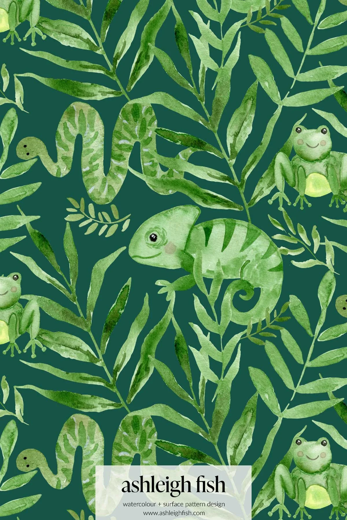 Watercolor pattern featuring green leaves, a chameleon, frog, and snake on a dark green background, designed by Ashleigh Fish.