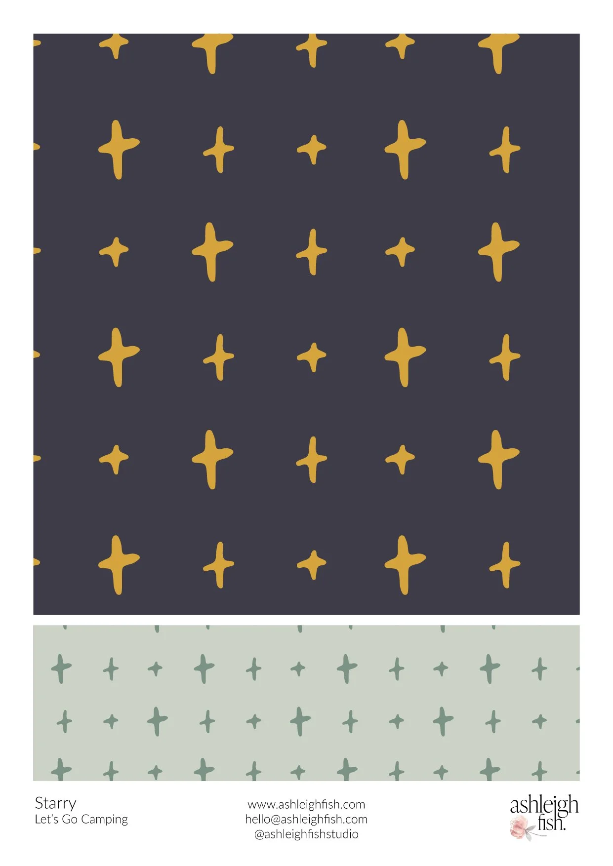 Pattern design with yellow star shapes on dark blue and light green backgrounds