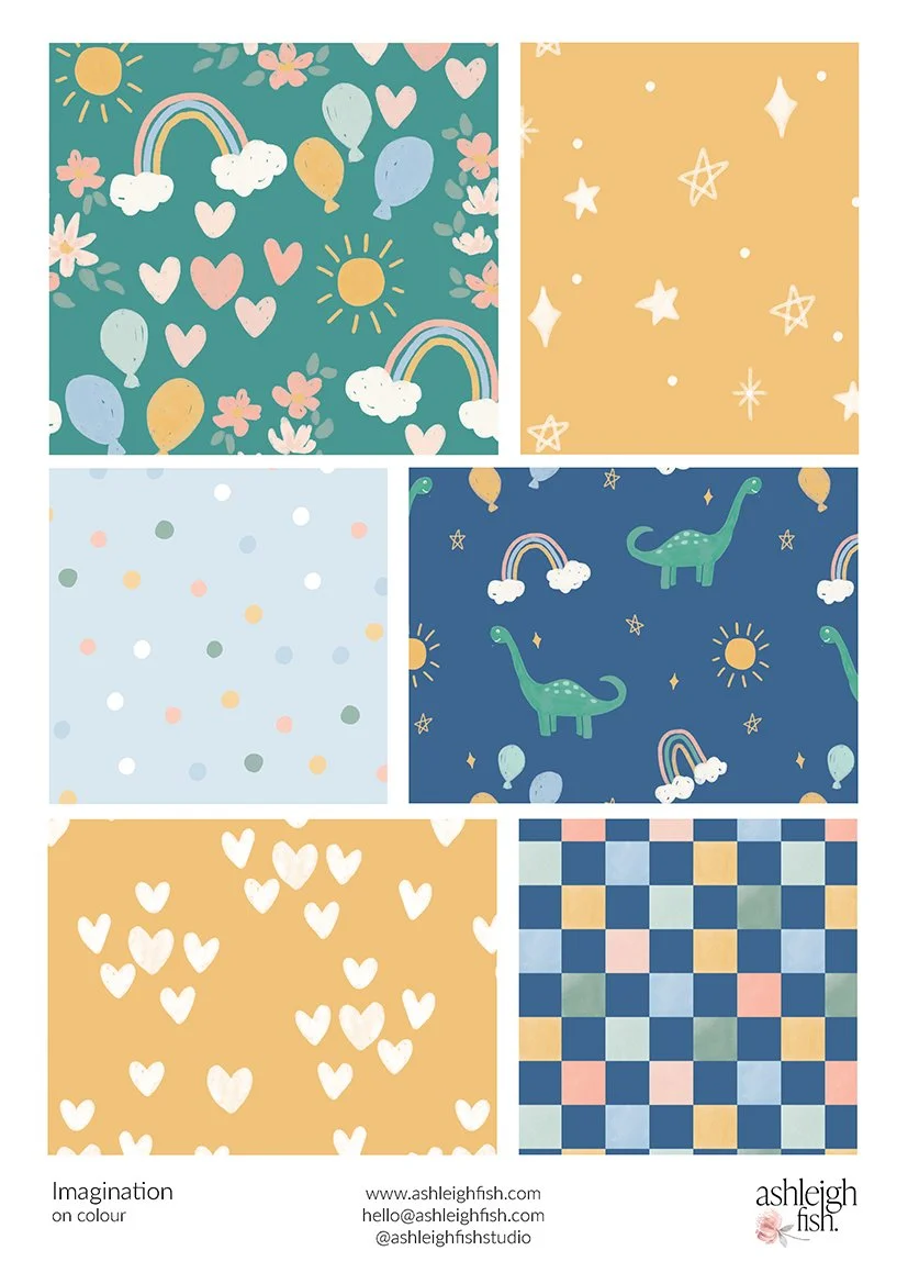Pattern samples featuring rainbows, balloons, hearts, stars, dots, dinosaurs, and a checkered design in pastel colors.