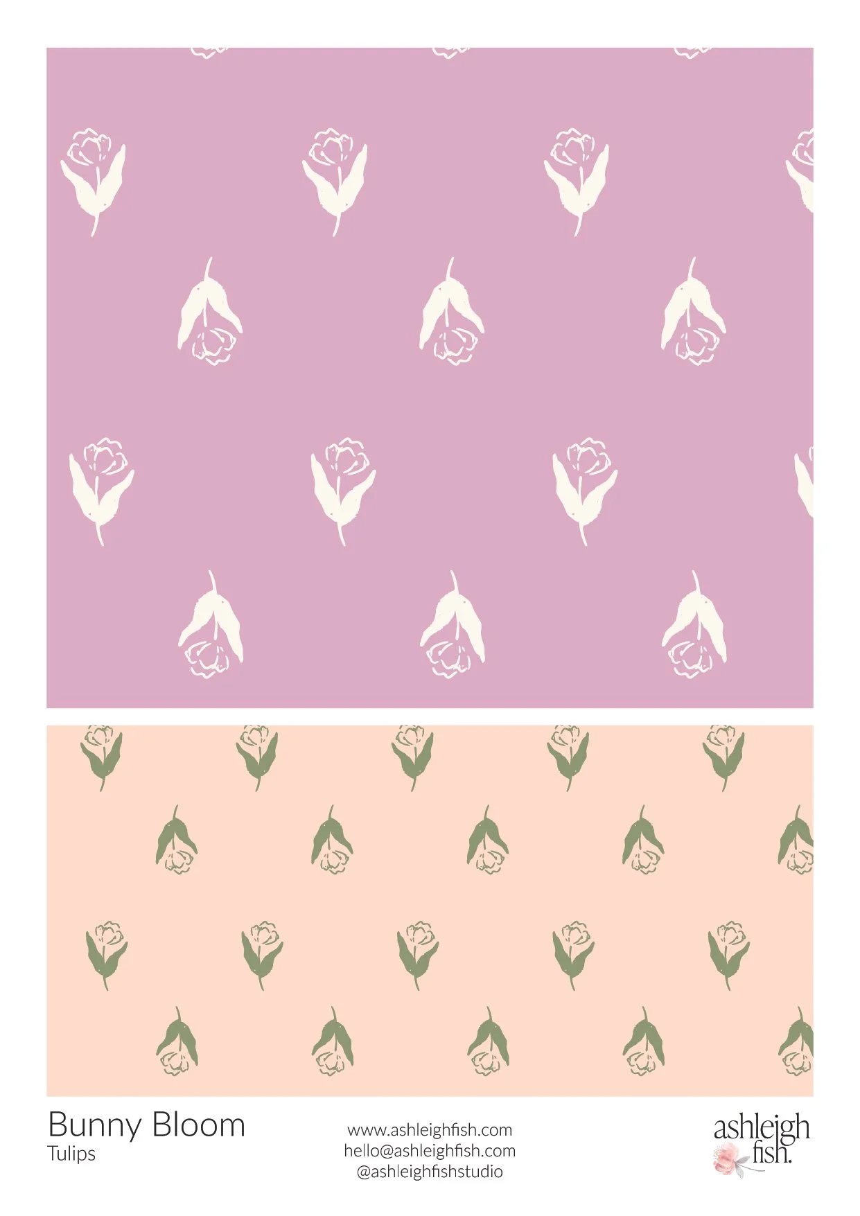 Two floral pattern designs featuring tulip motifs; one with a pink background and white tulips, and the other with a peach background and green tulips.