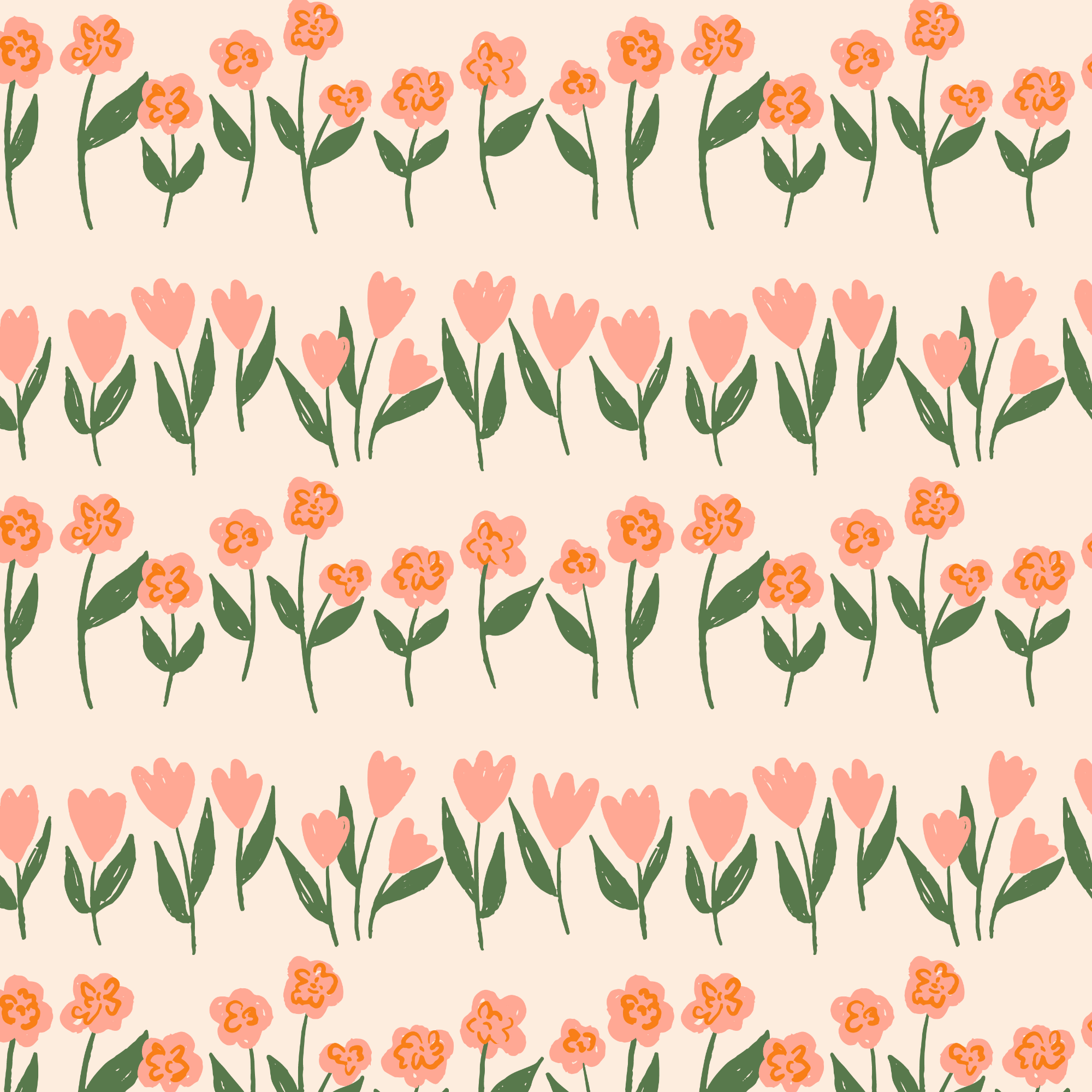 Pattern of pink and orange flowers with green leaves on a light background.