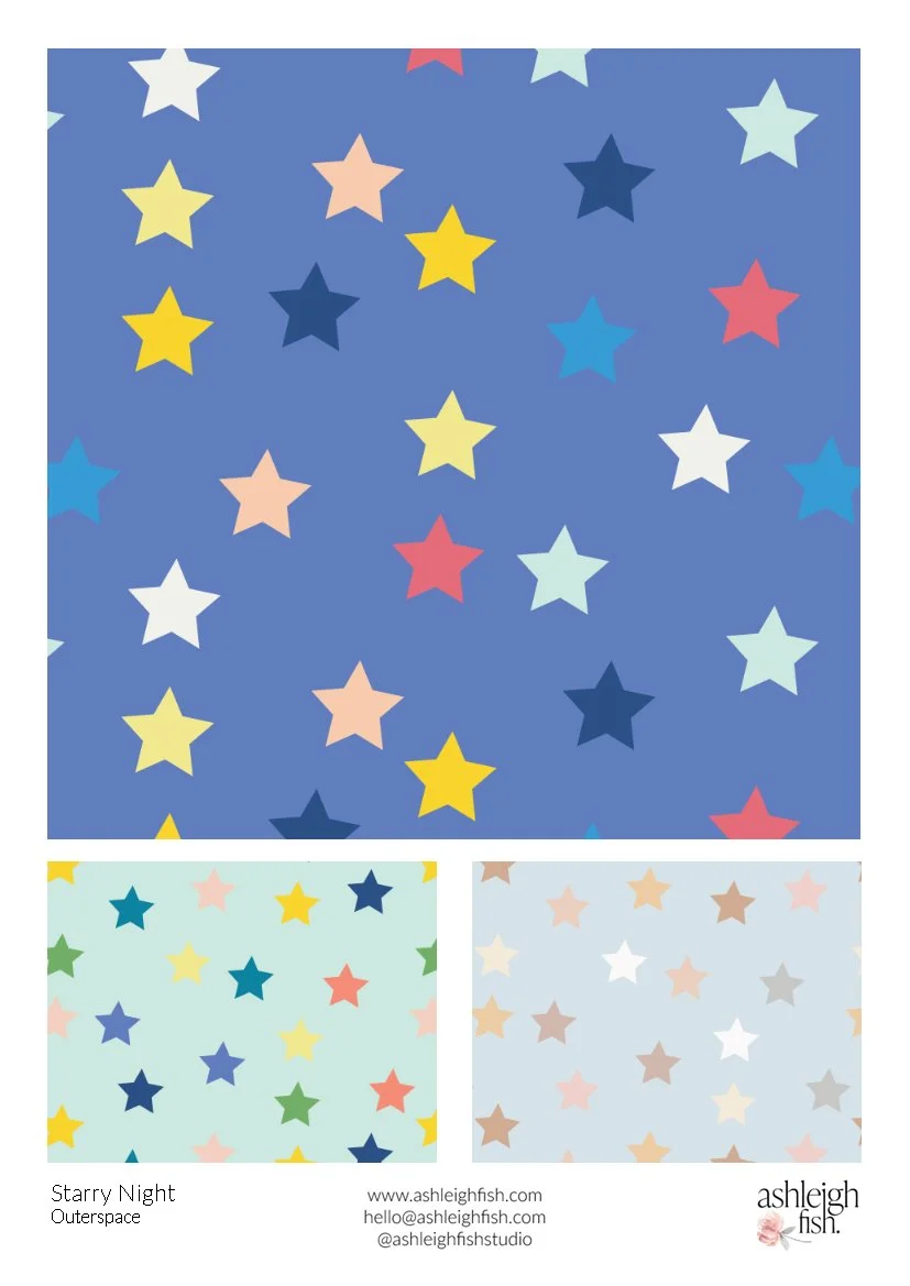 Pattern with colorful stars on blue backgrounds in three variations.